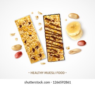 Realistic muesli background with sweet bars of granola with banana slices and pieces of peanut beans vector illustration
