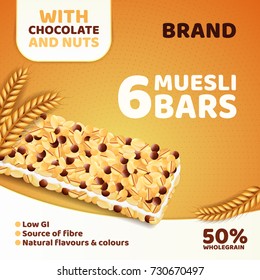 Realistic muesli bars advertising. Healthy grain snack package design template. Vector illustration advertisement