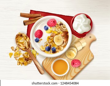 Realistic muesli fruits healthy breakfast background with top view of table with cereals spoon and plates vector illustration