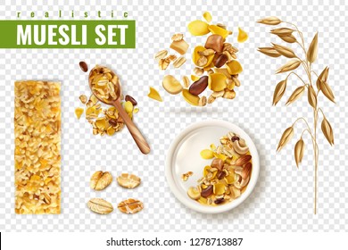 Realistic muesli on transparent background set with isolated images of cereals spreading and bars with text vector illustration