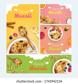 Realistic muesli set with banners of different size and orientation with food images and ornate text vector illustration