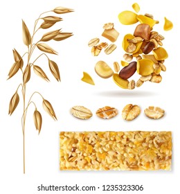 Realistic muesli set of isolated images with cereal plant beans and ready breakfast granola mix vector illustration