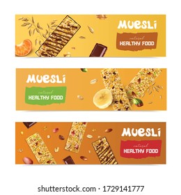 Realistic muesli set of three horizontal banners with biscuit images seeds fruit pieces and editable text vector illustration 