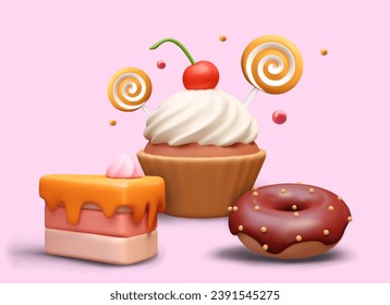 Realistic muffin with white cream, cake with orange fruit jam, and chocolate donut. Design for sweets shop. Vector illustration in brown colors on pink background