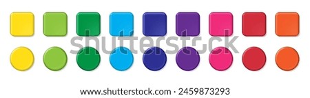 Realistic Multi color 3d button. Square and circle glossy colorful web ui buttons. Vector empty round button collection. Badge emblems. Game buttons design isolated icons set.