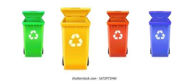 Realistic multi colored trash cans isolated on white background. Waste bins with icons of ecological processing of products. Vector 3d illustration