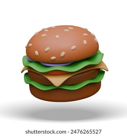 Realistic multi layered burger. Round bun with vegetable, cheese, meat filling