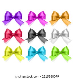 Realistic multicolor bows collection. Element for decoration gifts, greetings, holidays.