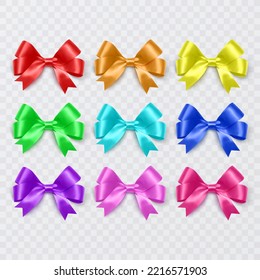 Realistic multicolor bows collection. Element for decoration gifts, greetings, holidays. Vector illustration.