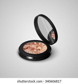 Realistic multicolor compact rouge face in black container with mirror. Vector illustration