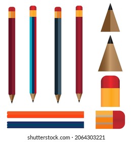 Realistic multicolor pencil sharpened with color rubber, Vector wooden pencil with the rubber eraser. Sharpened detailed office mockup, instrument of school and education sector.



