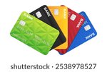 Realistic multi-colored bank credit or debit plastic cards fanned out, vector illustration