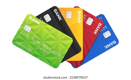 Realistic multi-colored bank credit or debit plastic cards fanned out, vector illustration