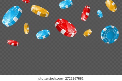 Realistic multicolored casino chips fall from above on transparent background. Gambling tokens falling down. Winning color plastic circles. Gamble round coin. Blackjack bet fortune. Vector backdrop