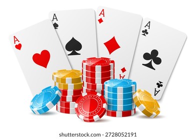 Realistische mehrfarbige Chips und Casino-Spielkarten auf weißem Hintergrund. Poker Ass Fan. Token-Stapel für Wetten. Gewinner-Jackpot. Bingospiel. Vegas Glücksspiel. Blackjack-Glücksfall. Vektorspielobjekte