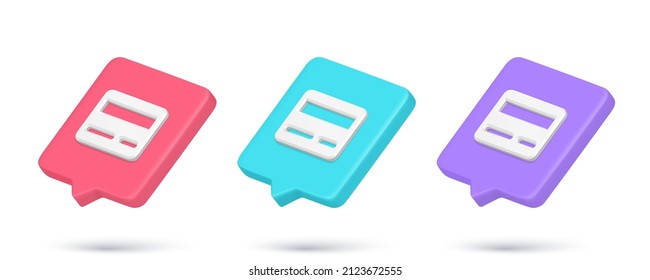 Gráfica del vector de la colección de alertas de Internet de iconos 3d de la tarjeta de crédito multicolor realista. Establecer la orden de compra de notificación de pago en línea de la banca financiera en sentido diagonal colocada en posición de mockup