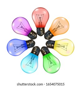 Realistic, multi-colored incandescent light bulbs lying in a circle. Vector illustration