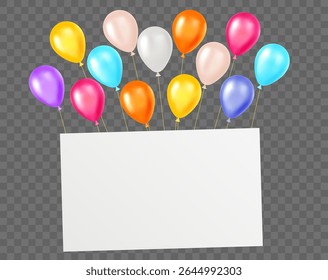 Realistic multicolored inflatable balloons with white clear poster. Empty banner for holiday congratulations. Placard hanging on 3D inflated balls. Birthday party. Vector