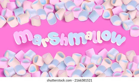 Realistic multi-colored marshmallow on pink background with 3D sign. Colorful blue and pink marshmallows, editable Vector illustration.