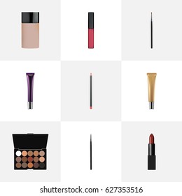 Realistic Multicolored Palette, Collagen Tube, Pomade And Other Vector Elements. Set Of Cosmetics Realistic Symbols Also Includes Palette, Pomade, Cream Objects.