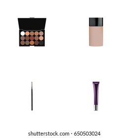 Realistic Multicolored Palette, Concealer, Day Creme And Other Vector Elements. Set Of Maquillage Realistic Symbols Also Includes Collagen, Palette, Brush Objects.