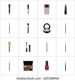 Realistic Multicolored Palette, Contour Style Kit, Beauty Accessory And Other Vector Elements. Set Of Maquillage Realistic Symbols Also Includes Makeup, Lips, Pomade Objects.