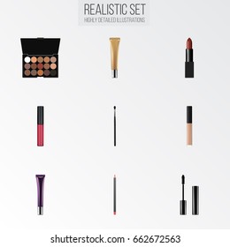 Realistic Multicolored Palette, Make-Up Product, Eyelashes Ink And Other Vector Elements. Set Of Greasepaint Realistic Symbols Also Includes Cover, Pomade, Liquid Objects.