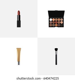 Realistic Multicolored Palette, Pomade, Fashion Equipment And Other Vector Elements. Set Of Maquillage Realistic Symbols Also Includes Highlight, Eye, Eyeshadow Objects.