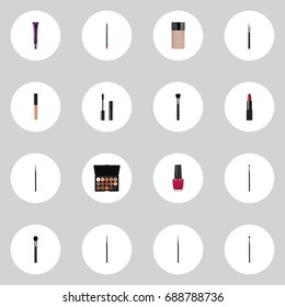 Realistic Multicolored Palette, Pomade, Powder Blush And Other Vector Elements. Set Of Cosmetics Realistic Symbols Also Includes Lips, Powder, Face Objects.
