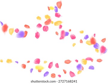 Vector de movimiento flotante de pétalos de rosa multicolores realistas. Temporada de amor, boda romántica