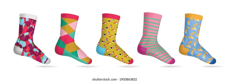 Realistic multicolored woman socks set with 5 various of patterns on white background isolated vector illustration