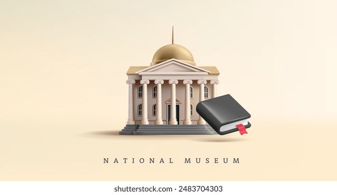 Edificio de museo realista y libro, 3D. Para el diseño publicitario de conceptos de museos, exposiciones, Galerías, edificios gubernamentales. Edificio histórico clásico con columnas. Vector