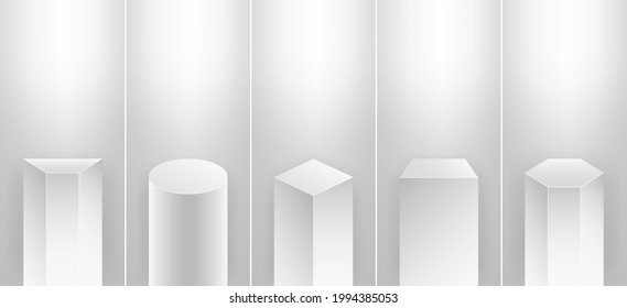 Realistic museum podium. 3D pedestal spotlight, blank gallery stage light illuminates stand platform. Vector illustration