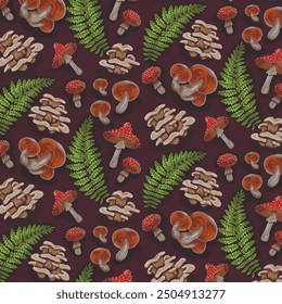 realistic mushroom forest pattern. fern gilled mushroom, oyster mushroom and fly-agaric