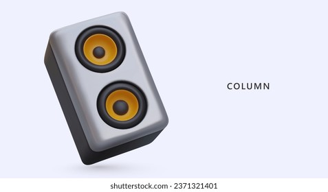 Realistic music column. Device for streaming music. DJ equipment. Sound system speaker. Color vector illustration. Horizontal banner for web ad in social networks. Concept for music equipment store