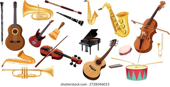 Realistic Musical Instruments Collection Large Set, All Types Instruments Vector