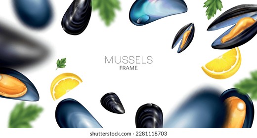 Realistische Muschelzusammensetzung mit unscharfem Hintergrund, orangefarbener Text und fliegenden Muscheln mit Greens und Zitronenscheiben, Vektorgrafik
