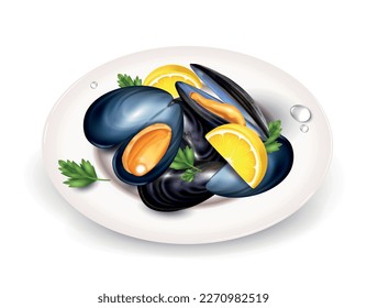 Composición realista de mejillones con plato y harina servida con rodajas de verduras de limón y mitades de concha ilustración vectorial