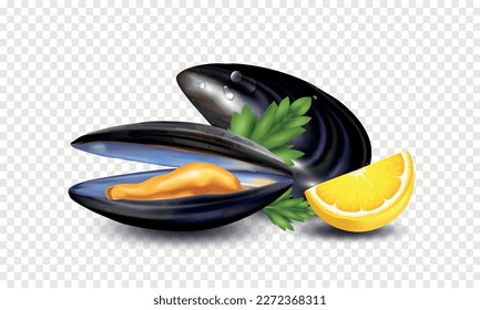 Realistic mussels composition with view of served meal with open shell green spices and lemon cut vector illustration