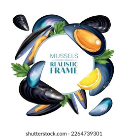 Realistic mussels frame composition with circle surrounded by shells lemons and greens images with ornate text vector illustration