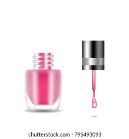 Realistic nail polish 3D vector illustration, template mockup glass bottle. 