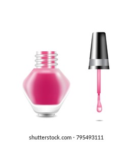 Realistic nail polish 3D vector illustration, template mockup glass bottle. 