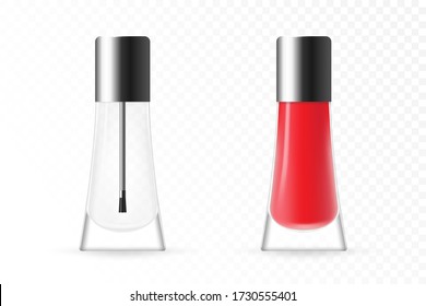 Realistic nail polish bottle with black cap. Full and empty glossy bottle. Realistic packaging mockup template. Front view. Vector illustration isolated on white background.