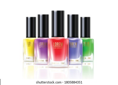 Realistic nail polish bottle line mockups in different colors - packaging template for colorful manicure lacquer. VIsolated vctor illustration of nail varnish mock ups