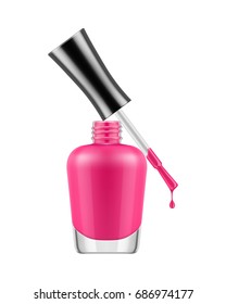 Realistic nail polish bottle. Pink polish nail bottle with brush and a drop of varnish. Product, makeup, nail care. Realistic template vector illustration