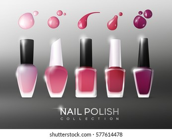 Realistic nail polish collection of different colors with bright drops and blots isolated vector illustration