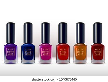 Realistic nail polish container collection. Different color gamma