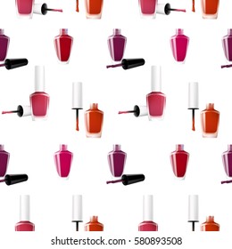 Realistic nail polish seamless pattern with opened and closed lid bottles of different colors vector illustration