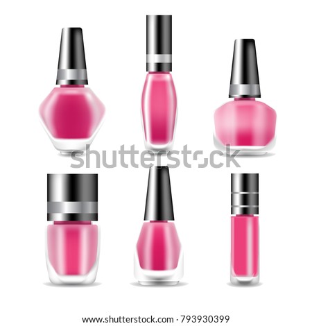 Realistic nail polish set 3D vector illustration, template mockup glass bottle. 