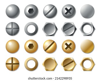Realistic 3d vector screws, nuts, bolts, rivets and nails for fastening and  fixing on black alpha transperant background. Stock Vector